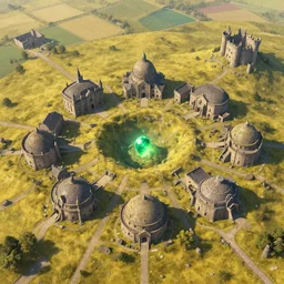 a close up overhead view of a small town, located on rolling hills of yellow - green grass. architecture is oval and circular in shape, with large domed rooves, most are made of stone. farmlands are to the north of town, with an abandoned castle on the south west side. in the center is a large crater, with a large glowing green gem at the center, and several ruined buildings. fantasy art.