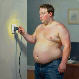 A vibrant painting with dramatic lighting of a morbidly obese Mark Zuckerberg unplugging a cord from a wall
