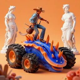 a cowboy turning into blooms by slim aarons, by zhang kechun, by lynda benglis, by frank frazetta. tropical sea slugs, angular sharp tractor tires. bold complementary colors. warm soft volumetric light. 8 k, 3 d render in octane unreal engine. a manly cowboy riding by syd mead. sculpture by antonio canova. blue orange