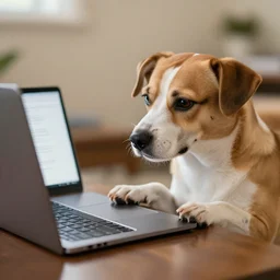 a dog trying a article on a laptop