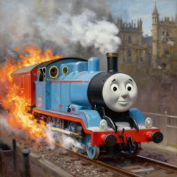 portrait thomas the tank engine on fire rolling through london, an oil painting by ross tran and thomas kincade