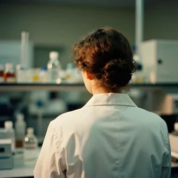 a 3 5 mm photo from the back of a woman wearing a white lab coat standing in a laboratory, bokeh, canon 5 0 mm, cinematic lighting, dramatic, film, photography, golden hour, depth of field, award - winning, 3 5 mm film grain, retro, film, kodachrome, closeup