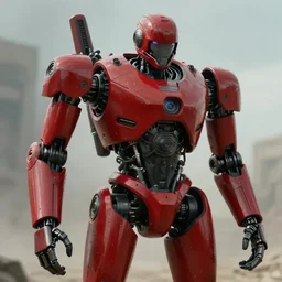 a cinematic still from Westworld, red mech