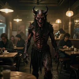 2 0 0 0 s footage of a hideous demon standing in a dimly lit cafe