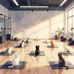 watercolor illustration style, cute cats training in the fitness studio