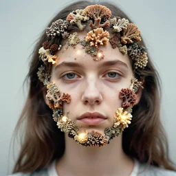 realistic photo of a a blurred face of a girl, covered in shriveling dead coral reef, emitting aura 1 9 6 0, life magazine photo, natural colors, metropolitan museum, kodak, 8 k, very detailed, high resolution, product photo,