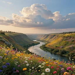 surreal landscape, surrealism, lush flower river valley at sunrise, michael hutter. puffy cloud sky, esao andrews, victor enrich, dali