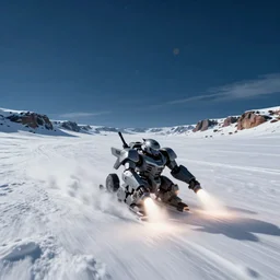 armored core v running across the open snow field, booster flares, dark blue sky, empty snow field, snow, karst landscape, wide shot ; dynamic contrast, bokeh, motion blur, photoreal, cinematic, digital art by liam wong