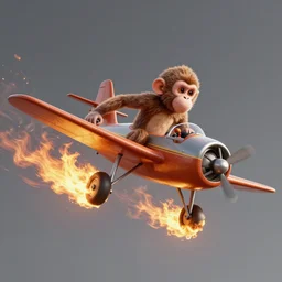 3 d render of monkey flying a plane on fire