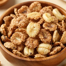 a hyper - realistic photo of a wooden bowl filled with cereal, each grain of cereal is brown and shaped like a banana