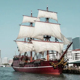 a award winning photo of a white sails three mast brigantine pirate ship with a crimson hull docked at a city port at midday, nikon lens, dslr, color graded