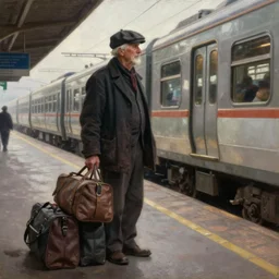 Old man with a newsboy hat waits for a train with heaps of baggage on a platform, trains in the background, low angle, morning hard light, oil on canvas