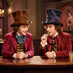 willy wonka and the mad hatter sitting together at a bar