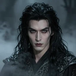 portrait of a ancient immortal vampire elegant man with long tangles of black hair, beautiful piercing eyes, gothic fog ambience, hyper realistic head, fantasy art, in the style of greg rutkowski, zdizslaw beksinski, intricate, alphonse mucha, hyper detailed, smooth