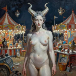 By Tom Bagshaw, ultra realist soft painting of a chaotic curiosities carnival by night, very beautiful horned single female in long gothic dress glass sphere, symmetry accurate features, very intricate details, omnious sky, black and white, volumetric light clouds