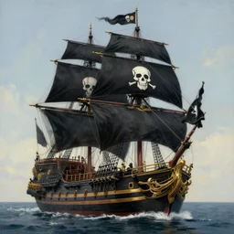 masterpiece painting of a big black galeon with a black skull flag and golden decorations on the hull, by noah bradley, trending on artstation