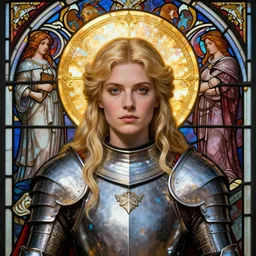 masterpiece head-on symmetrical centered portrait, Elisha Cuthbert as a paladin, RPG portrait, medieval era, blonde hair, prismatic golden halo around head, wearing plate armour, elegant, distant, stained glass tarot style, in the style of Edgar Maxence and Ross Tran and Zdzisław Beksiński and Michael Whelan and Mucha and Gustave Doré, specular highlights, 8k, octane render