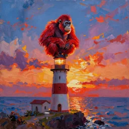 an impasto oil painting of a stunning, colorful sunset and lighthouse, and red orangutan on top of it, painted by ken hong leung