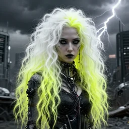 highly detailed portrait of wasteland punk long curly neon white plasma electricity hair tribal lady, stray electric spark wiring by atey ghailan, james gilleard, by joe fenton, by greg rutkowski, by greg tocchini, by kaethe butcher, 4 k resolution, gradient yellow, black and white color scheme!!! ( ( lightning cloudy robotic dystopian city background ) )