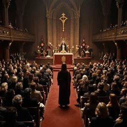 A film still from a 1970s cult horror film, Satanic mega-church temple auditorium, crowd of thousands of worshippers, unholy ceremony, internal, demonic, Realism, 4k, 8mm, Grainy, Panavision