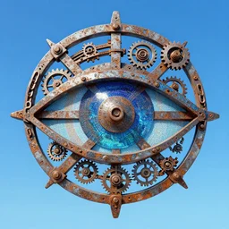 a greco - roman eye nazar _ amulet made of trillions of bits of data | moods by beeple michael parkes gurney beksinski | hard surface render reveal defined gradients ; 3 d realistic material ; cyberpunk | holy mystical geometry of various pieces of interconnected rusted metallic radial gears, chains, gizmos, cogs, sprockets | touch of skyblue science fiction fantasy