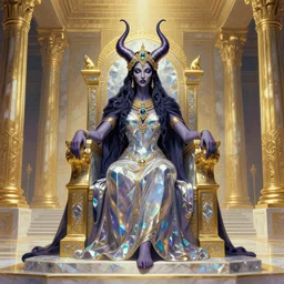 epic omnious academic drawing of stunningly beautiful Slaanesh his Highness the chaotic androgynous deity sitting in a regal pose on a solid diamond throne in a solemn golden and marble slaaneshite temple inspired by the most opulent temples of ancient Greece by Zdislaw Beksinski, Alex Gray, Greg Rutkowski, Robert McCall, CGsociety, iridescent palette