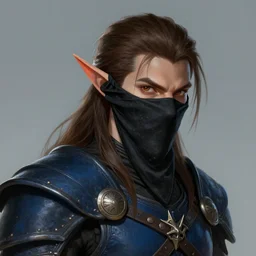 fantasy male wood elf assassin, head and shoulder portrait, black bandana mask, dark blue leather armor,  brown hair, D&D, Pathfinder, Digital Art, D&D Character Commission, Trending on Artstation