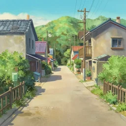 a gouache painting of a empty small village walkway panorama with small fences, bushes, a matte painting by makoto shinkai, disney, pixar studio ghibli, matte painting for anime