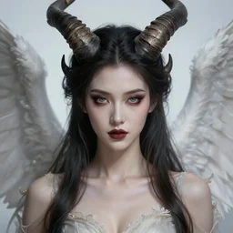 perfectly - centered close - up face - portrait of evil fallen angel with long horns wearing a dress, the perfect human female specimen, intricate, elegant, super highly detailed, professional digital painting, artstation, concept art, smooth, sharp focus, no blur, no dof, extreme illustration, unreal engine 5, 8 k, by anne stokes
