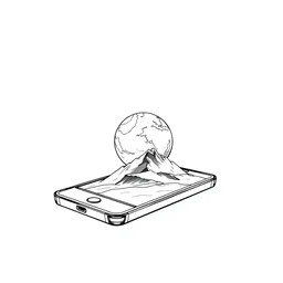 sketch of a phone in black and white, a planet and his landscape pop up in 4 d out of the screen