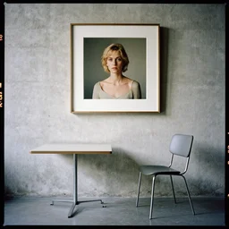 kodak portra 4 0 0, 8 k, highly detailed, britt marling style, award winning colour still - life portrait of a rough concrete wall, a large square pictureframe is hanging on this wall. a minimalistic 1 9 6 0 s table and a minimalistic 1 9 6 0 s chair on the floor, 1 9 2 0 s minimalism style