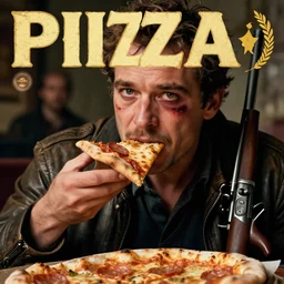 a man with rifle in hand eating a pizza, scar under eye, cover page very intricate | cinematic lighting | award - winning | closeup portrait | by donato giancola and mandy jurgens and charlie bowater | featured on artstation