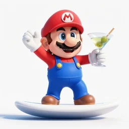 mario surfing while holding a martini with an olive in one hand, professional high quality 4 k render tight action shot heart pounding dramatic sports lighting