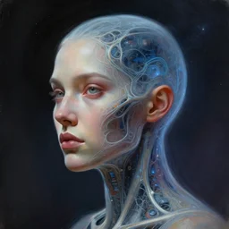 a ascendant, neuronic digital painting of a woman's head with a space in the background by android jones, cgsociety, analytical art, dystopian art, sci - fi, redshift, long shot