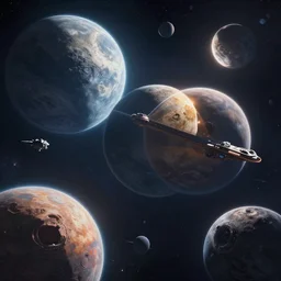 fantasy outerspace, moons and planets, spaceships in the background, 4k, digital art