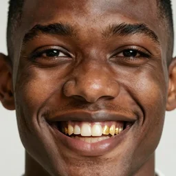 A highly detailed photorealistic image of a 20 year old black man's face, smiling with golden teeth 1000