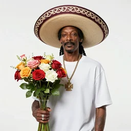 Snoop Dogg wearing a sombrero while holding a Vase of flowers for a 1990s sitcom tv show, Studio Photograph, portrait, C 12.0