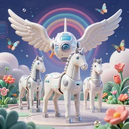3 d render of cybernetic demoscene landscape with cyborg horses and spaceships with angel wings against a psychedelic surreal background with 3 d butterflies and 3 d flowers n the style of 1 9 9 0's demoscene cgi graphics, lsd dream emulator psx, 3 d rendered y 2 k aesthetic by ichiro tanida, 3 do magazine, wide shot