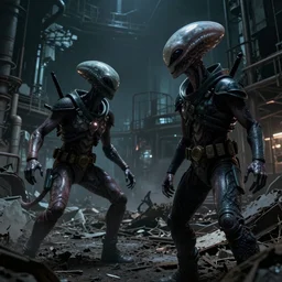 An dramatic, Marvel comic-book style image of an badass MIB encountering an alien for the first time in a ruined factory at night, detailed, ominous