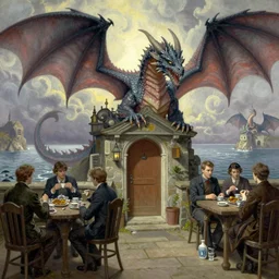 dragwads, british dragons, ultraterrestrial dragons, drinking tea and gin at at the local tavern, subsurface scattering, soft colors, don't look out the front door no matter what you do, drawn by norman rockwell