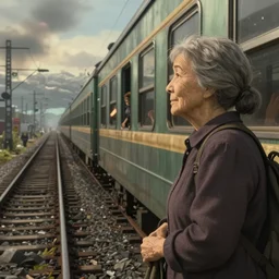 away from my grandmother going on a train and seeing her in the distance, in a post apocalyptic setting, ghibli, unreal 5, daz, hyperrealistic, octane render, rpg portrait, dynamic lighting