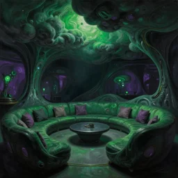 a futuristic organic lounge with deep green and purple hues. billowing clouds. highly detailed science fiction painting by norman rockwell, frank frazetta, and syd mead. rich colors, high contrast, gloomy atmosphere, dark background. trending on artstation.