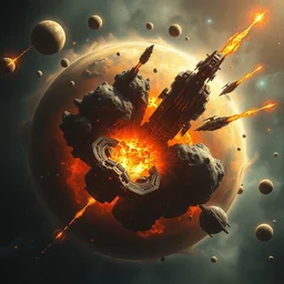 in the style of marc simonetti, artgerm, planets exploding : : colliding in space, realistic brutal hateful awe shock terror