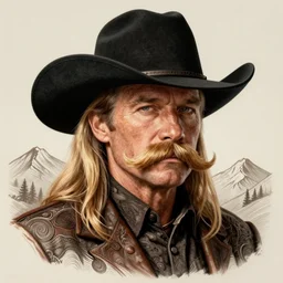 john wayne, cowboy portrait male, olive skin, huge blond moustache, long blond hair, black stetson hat, moutain, intricate, elegant, highly detailed, artstation, concept art, sharp focus, illustration, mandy jurgens, rutkowski, mucha