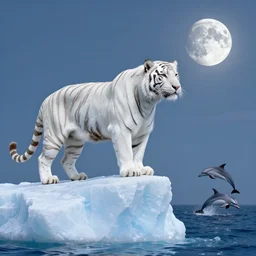 a white tiger with icy texture standing on the top of a iceberg, and a dolphin leap out of the ocean in the distance, a silver moon on the right of the sky, in the style of rafael
