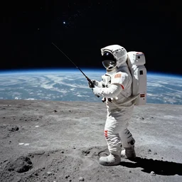 An astronaut fishing on the moon, with a wide shot view of the stars and the earth in the background , 4K