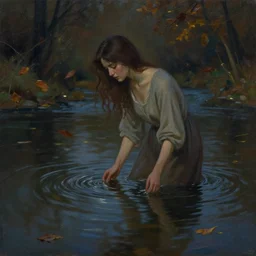 an oil painting of a beautiful woman melting into a peaceful river at night, slightly dark, it's autumn and a gentle breeze is moving leaves around, cinematic lighting, establishing shot, art station