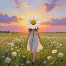 daisy flower for a face, girl walking in flower field, holding daisy, surreal photography, sunrise, impressionist painting, colorful clouds, digital painting, artstation, simon stalenhag, flower face