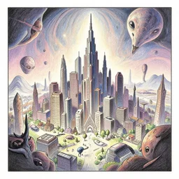 a beautiful illustration of an alien city on an strange alien world by sparth and Tim white| Daniel Merriam:.2 | Graphic Novel, Visual Novel, Colored Pencil, Comic Book:.2