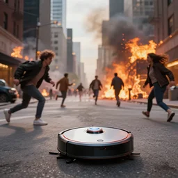 roomba attacks the city, people running from roomba, buildings on fire